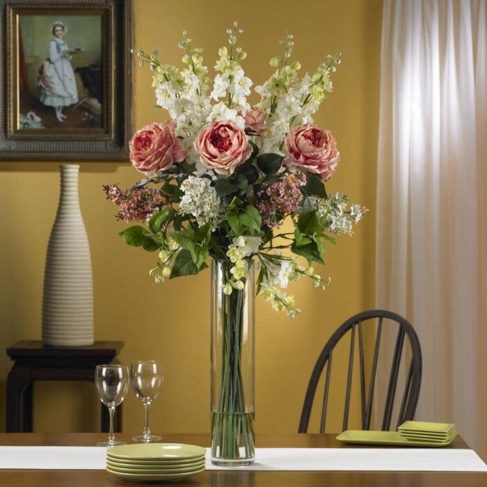 38 in. Artificial H Pink Rose, Delphinium and Lilac Silk Flower Arrangement