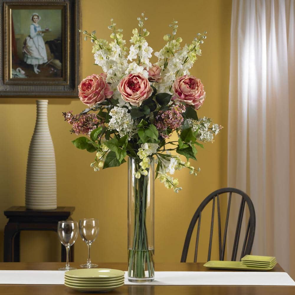 38 in. Artificial H Pink Rose, Delphinium and Lilac Silk Flower Arrangement