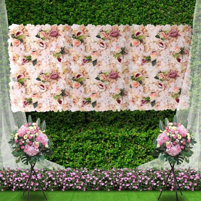 23 .6 in. x 15.7 in. 6-Pieces Pink and Yellow Artificial Floral Wall Panel Silk Fabric Rose Peonies Background Decor